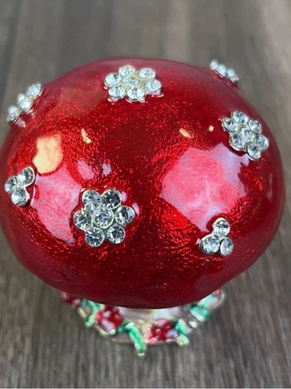 Enamel & Rhinestone Hinged Red Mushroom Jewelry Pill Trinket Box Metal Magnetic